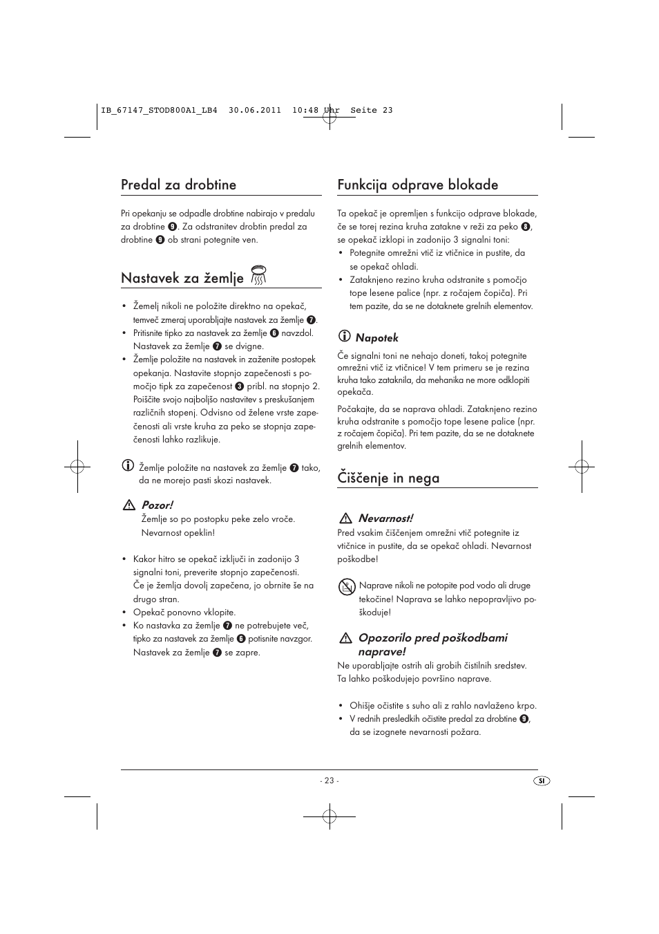 Predal za drobtine, Nastavek za žemlje, Funkcija odprave blokade | Čiščenje in nega | Silvercrest STOD 800 A1 User Manual | Page 25 / 45