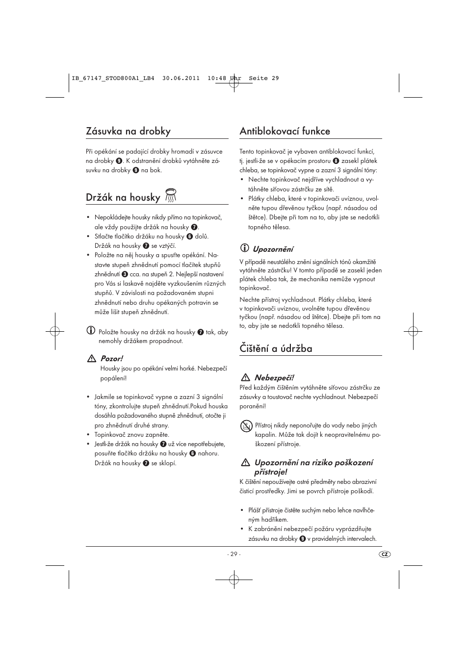 Zásuvka na drobky, Držák na housky, Antiblokovací funkce | Čištění a údržba | Silvercrest STOD 800 A1 User Manual | Page 31 / 45