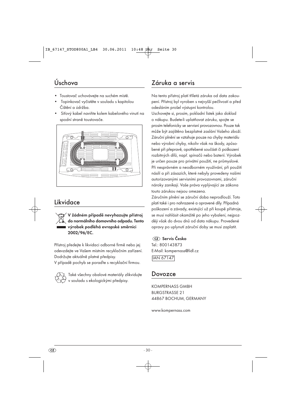 Úschova, Likvidace, Záruka a servis | Dovozce | Silvercrest STOD 800 A1 User Manual | Page 32 / 45