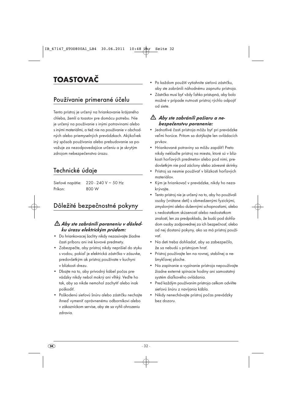 Toastovač, Používanie primerané účelu, Technické údaje | Dôležité bezpečnostné pokyny | Silvercrest STOD 800 A1 User Manual | Page 34 / 45