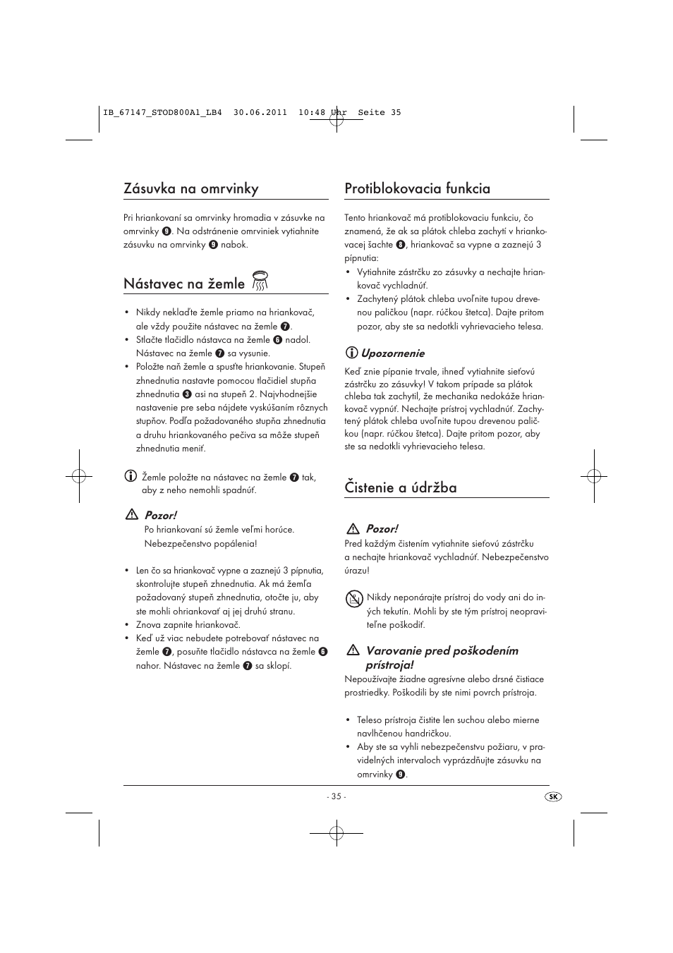 Zásuvka na omrvinky, Nástavec na žemle, Protiblokovacia funkcia | Čistenie a údržba | Silvercrest STOD 800 A1 User Manual | Page 37 / 45