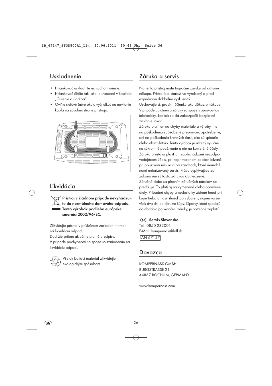 Uskladnenie, Likvidácia, Záruka a servis | Dovozca | Silvercrest STOD 800 A1 User Manual | Page 38 / 45