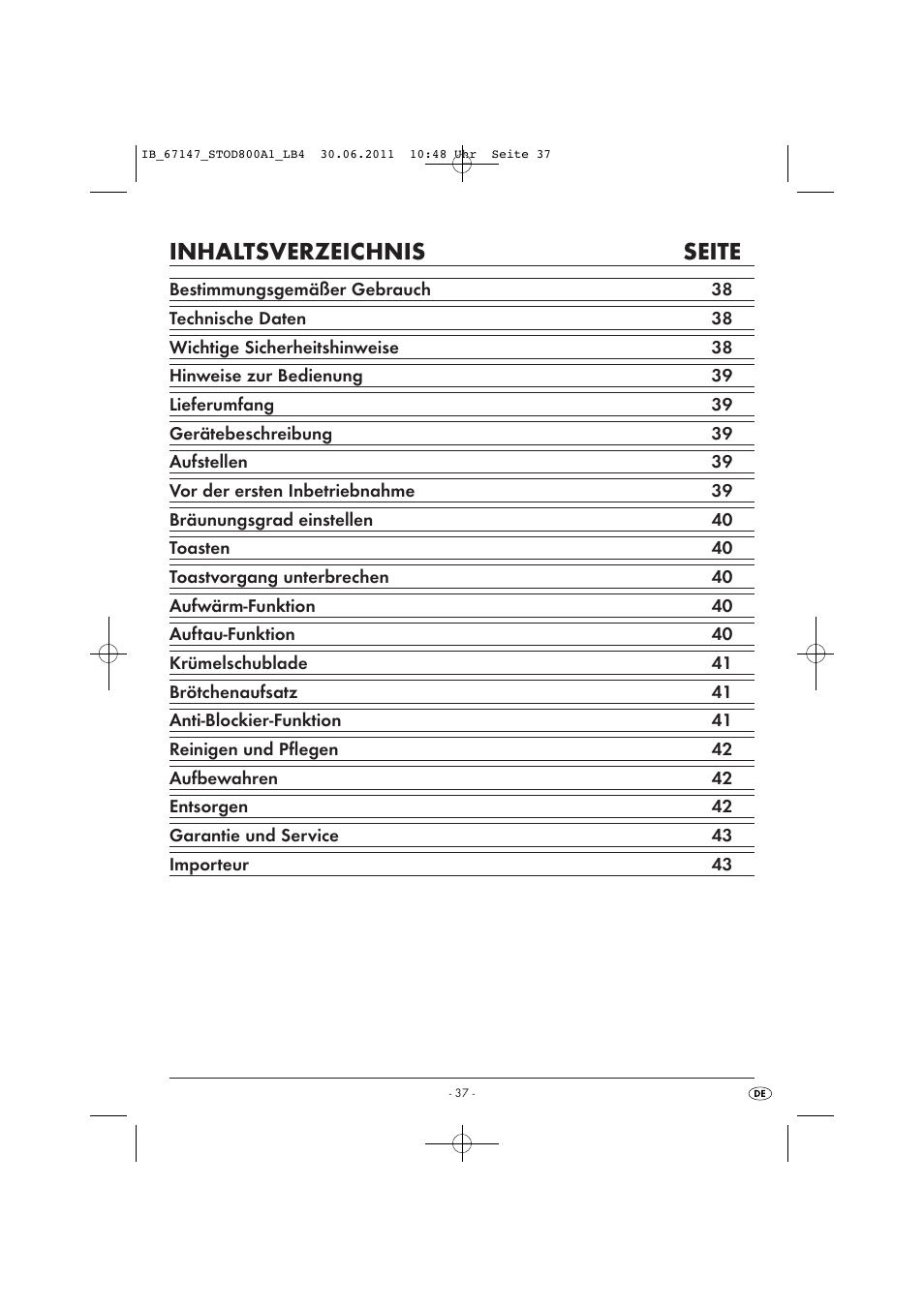 Inhaltsverzeichnis seite | Silvercrest STOD 800 A1 User Manual | Page 39 / 45