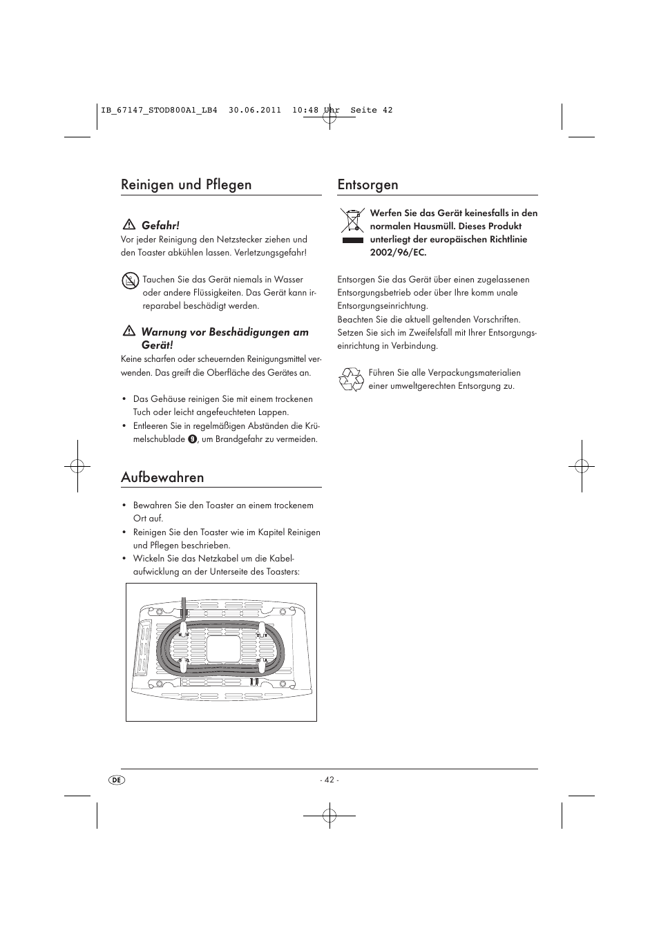 Reinigen und pflegen, Aufbewahren, Entsorgen | Silvercrest STOD 800 A1 User Manual | Page 44 / 45