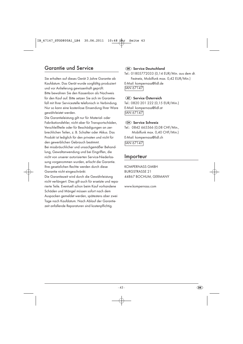 Garantie und service, Importeur | Silvercrest STOD 800 A1 User Manual | Page 45 / 45