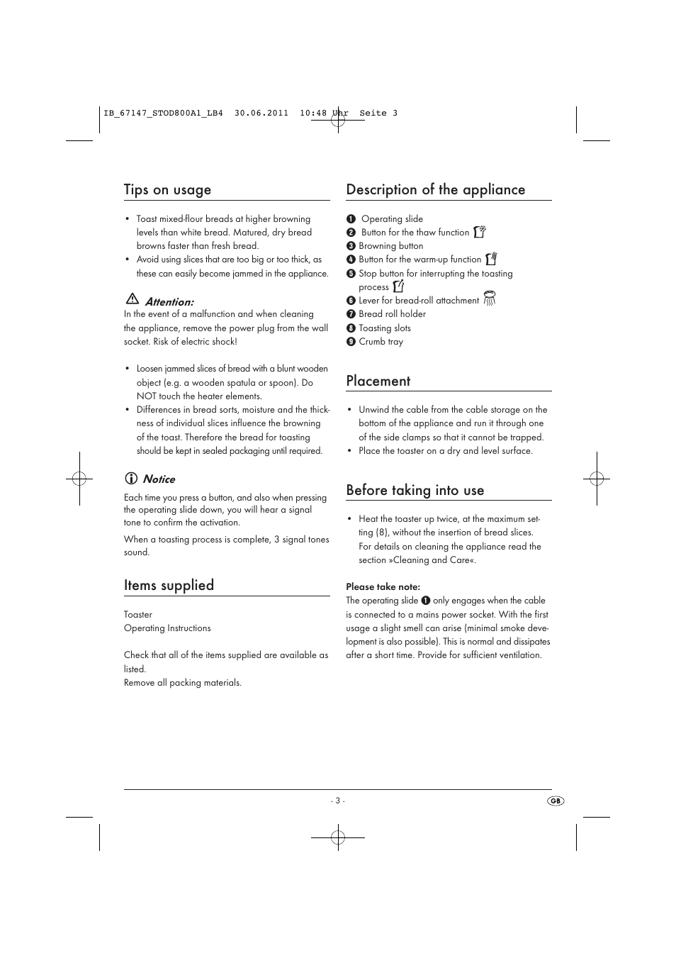 Tips on usage, Items supplied, Description of the appliance | Placement, Before taking into use | Silvercrest STOD 800 A1 User Manual | Page 5 / 45