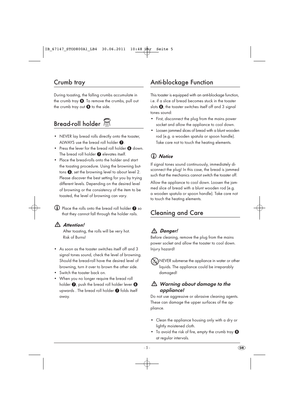 Crumb tray, Bread-roll holder, Anti-blockage function | Cleaning and care | Silvercrest STOD 800 A1 User Manual | Page 7 / 45