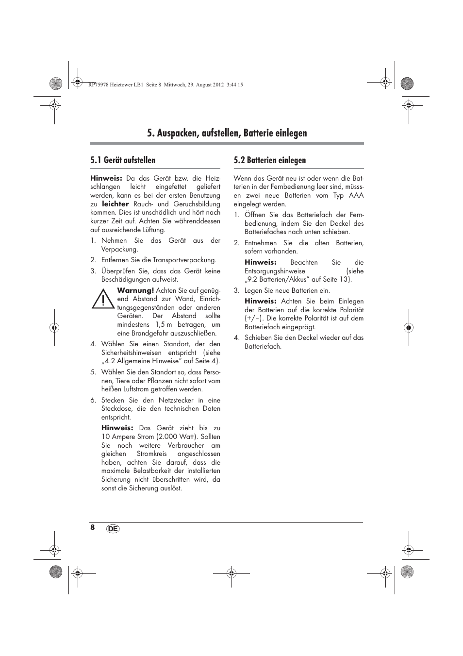 Auspacken, aufstellen, batterie einlegen, 1 gerät aufstellen, 2 batterien einlegen | Silvercrest SHT 2000 A1 User Manual | Page 10 / 70