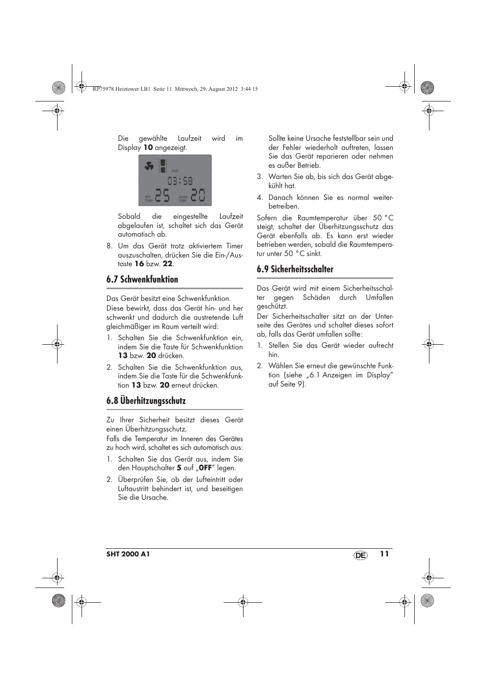 7 schwenkfunktion, 8 überhitzungsschutz, 9 sicherheitsschalter | Silvercrest SHT 2000 A1 User Manual | Page 13 / 70