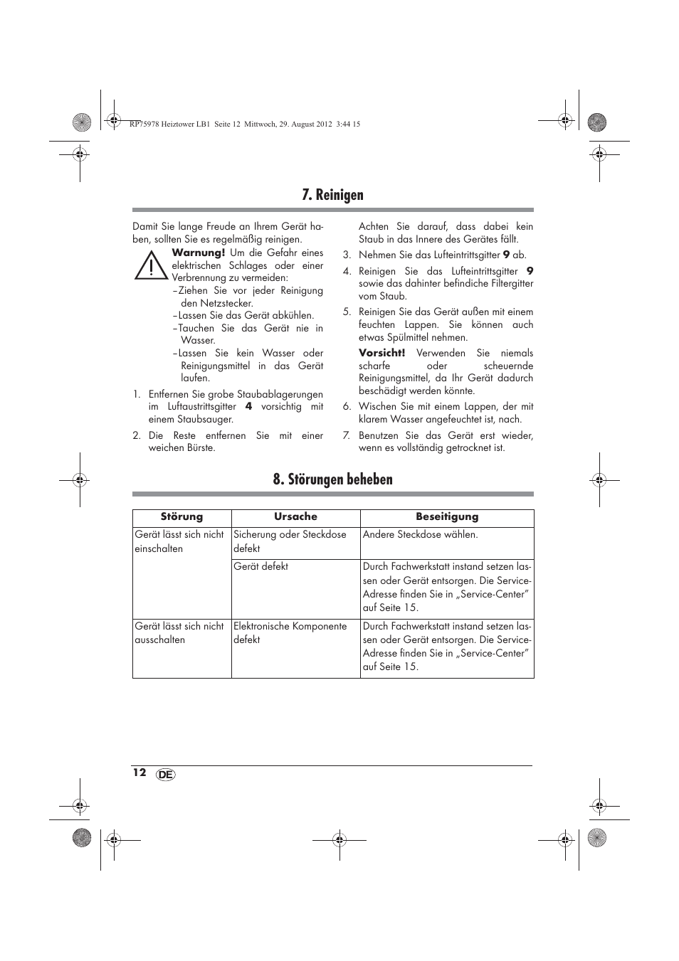 Reinigen, Störungen beheben | Silvercrest SHT 2000 A1 User Manual | Page 14 / 70