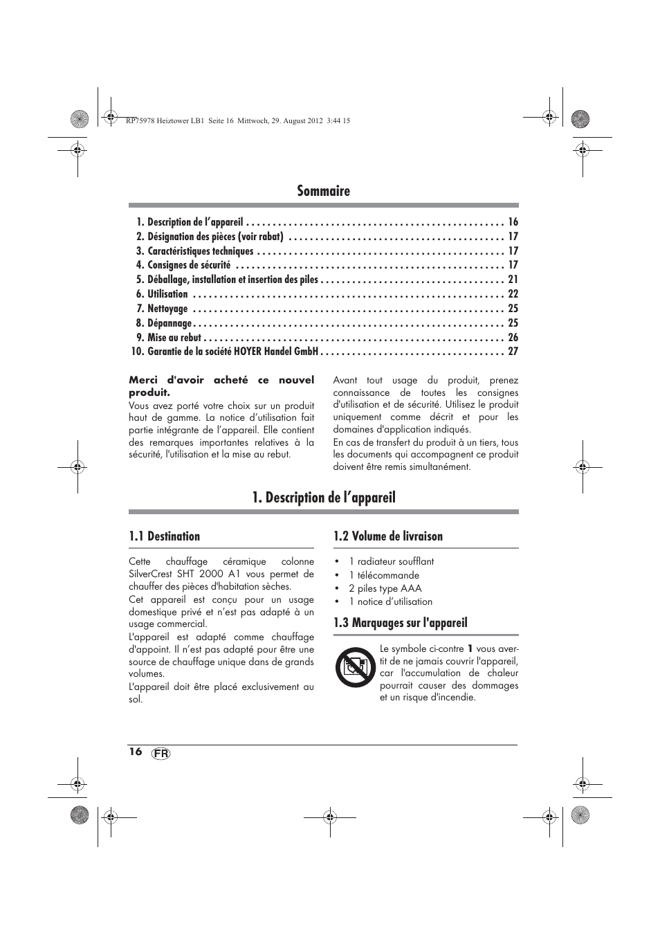 Sommaire, Description de l’appareil | Silvercrest SHT 2000 A1 User Manual | Page 18 / 70