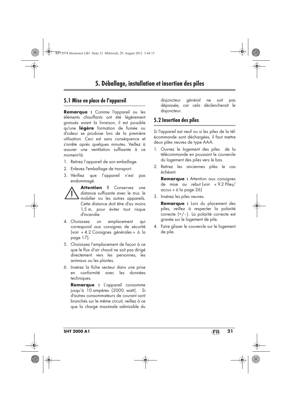 Déballage, installation et insertion des piles, 1 mise en place de l'appareil, 2 insertion des piles | Silvercrest SHT 2000 A1 User Manual | Page 23 / 70