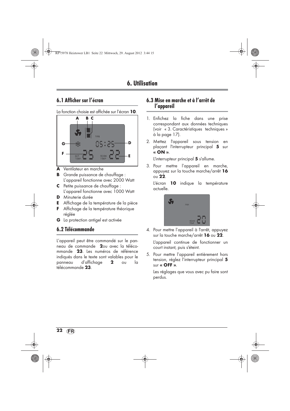 Utilisation, 1 afficher sur l’écran, 2 télécommande | 3 mise en marche et à l’arrêt de l’appareil | Silvercrest SHT 2000 A1 User Manual | Page 24 / 70