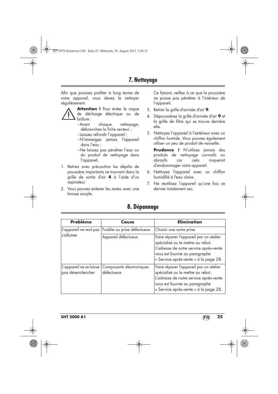 Nettoyage, Dépannage | Silvercrest SHT 2000 A1 User Manual | Page 27 / 70