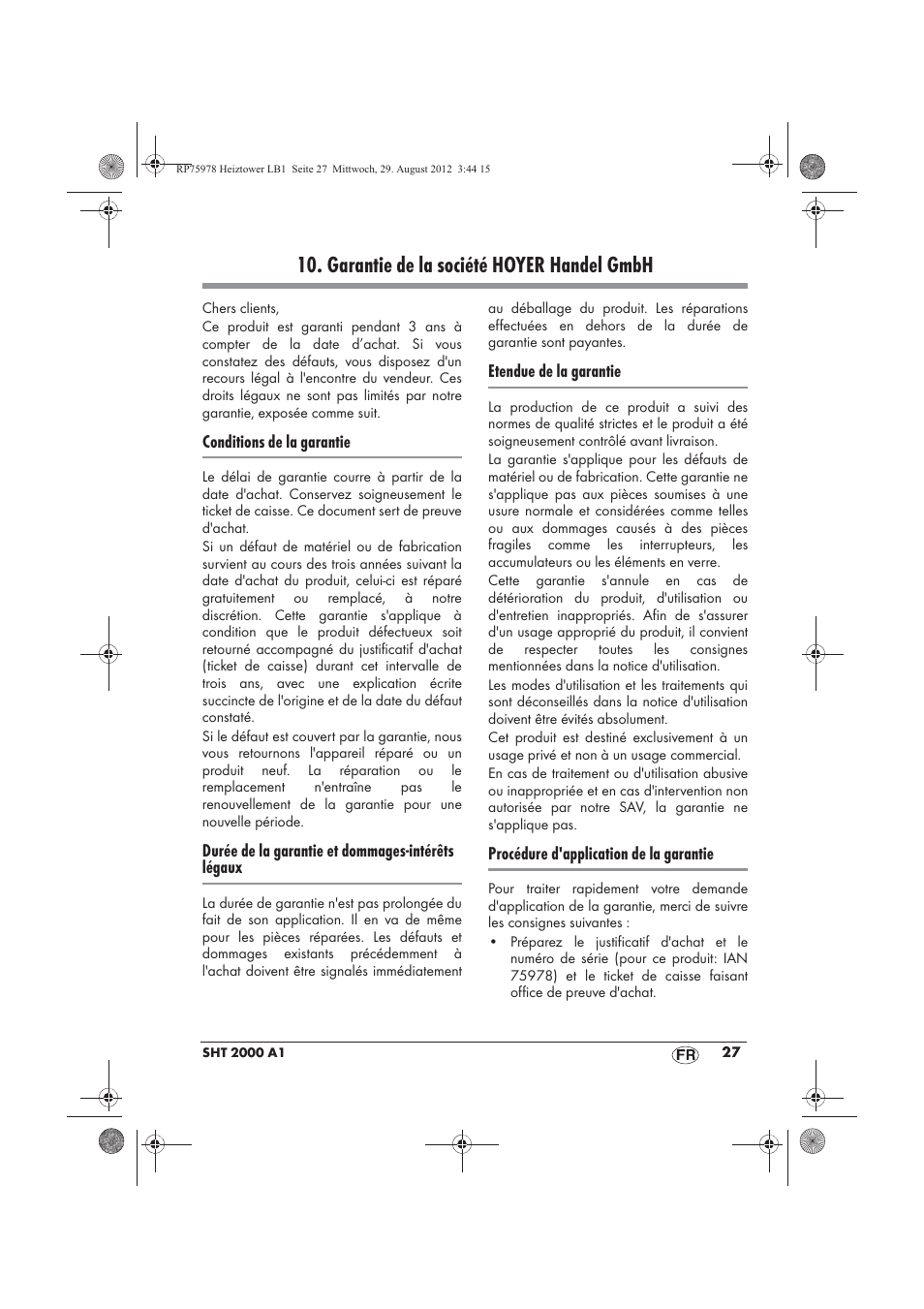 Garantie de la société hoyer handel gmbh | Silvercrest SHT 2000 A1 User Manual | Page 29 / 70