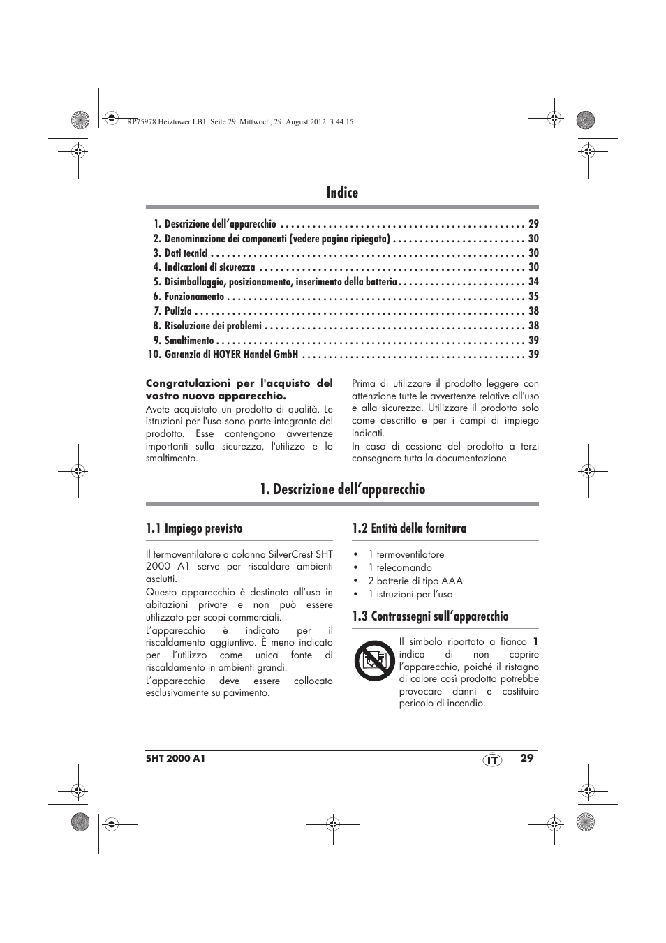 Indice, Descrizione dell’apparecchio | Silvercrest SHT 2000 A1 User Manual | Page 31 / 70