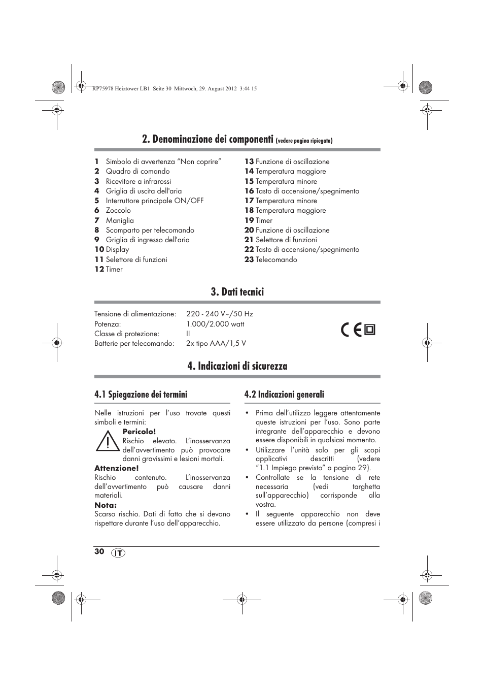 Denominazione dei componenti, Dati tecnici, Indicazioni di sicurezza | 1 spiegazione dei termini, 2 indicazioni generali | Silvercrest SHT 2000 A1 User Manual | Page 32 / 70