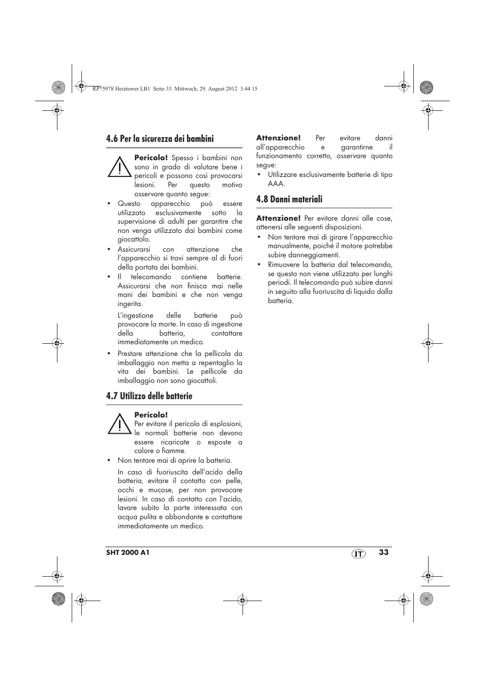 6 per la sicurezza dei bambini, 7 utilizzo delle batterie, 8 danni materiali | Silvercrest SHT 2000 A1 User Manual | Page 35 / 70