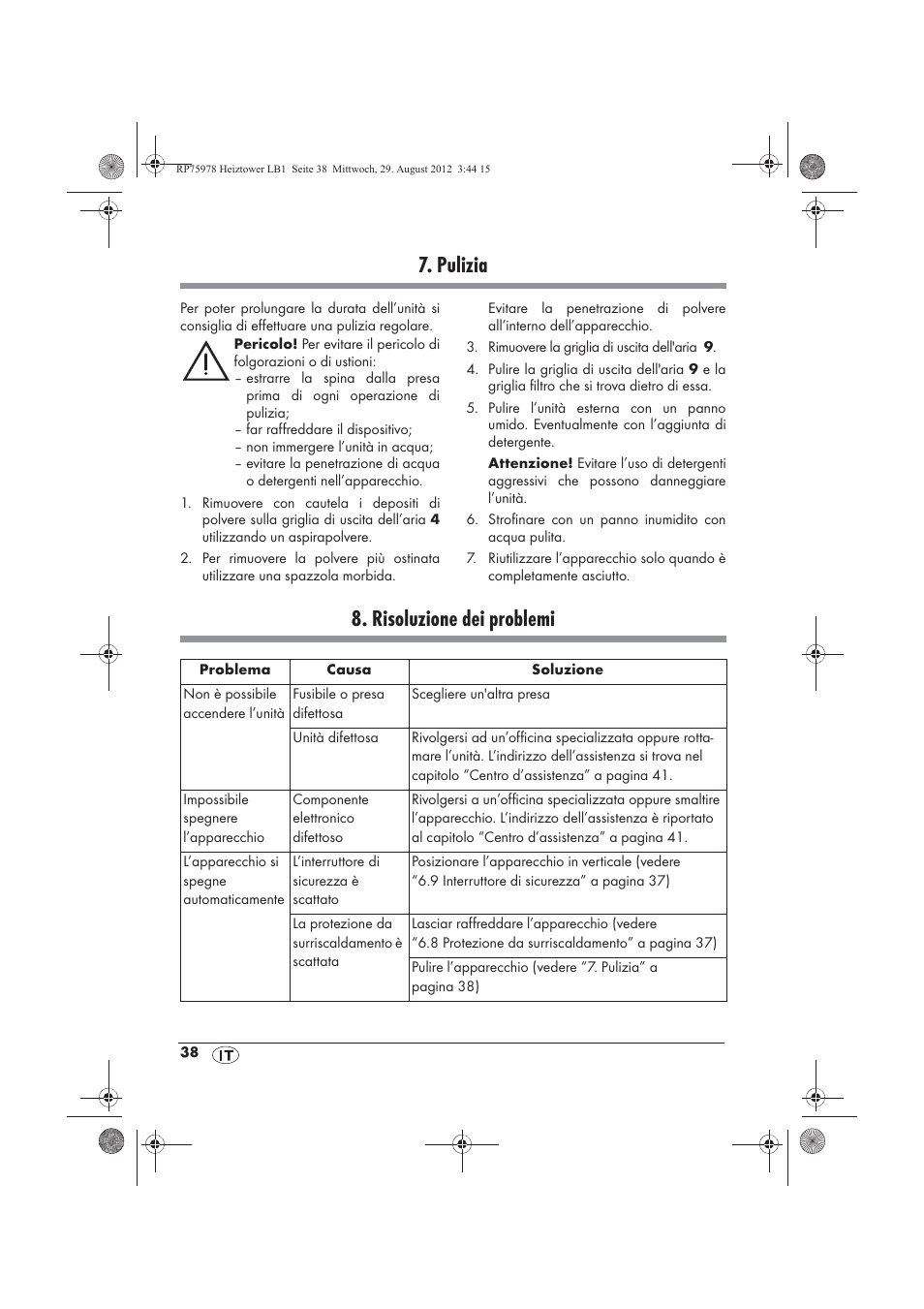 Pulizia, Risoluzione dei problemi | Silvercrest SHT 2000 A1 User Manual | Page 40 / 70