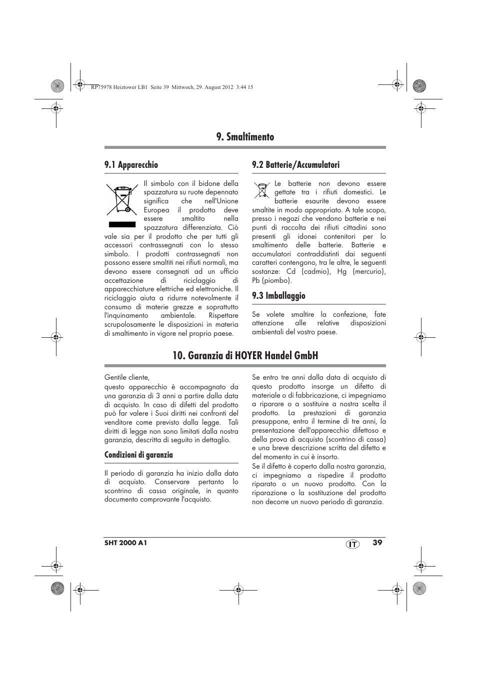 Smaltimento, Garanzia di hoyer handel gmbh | Silvercrest SHT 2000 A1 User Manual | Page 41 / 70