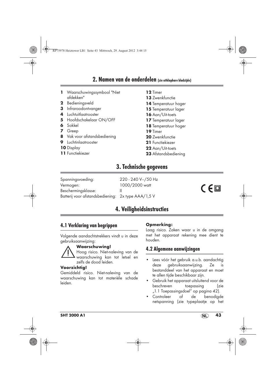 Namen van de onderdelen, Technische gegevens, Veiligheidsinstructies | 1 verklaring van begrippen, 2 algemene aanwijzingen | Silvercrest SHT 2000 A1 User Manual | Page 45 / 70