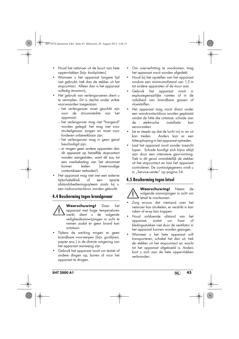 4 bescherming tegen brandgevaar, 5 bescherming tegen letsel | Silvercrest SHT 2000 A1 User Manual | Page 47 / 70