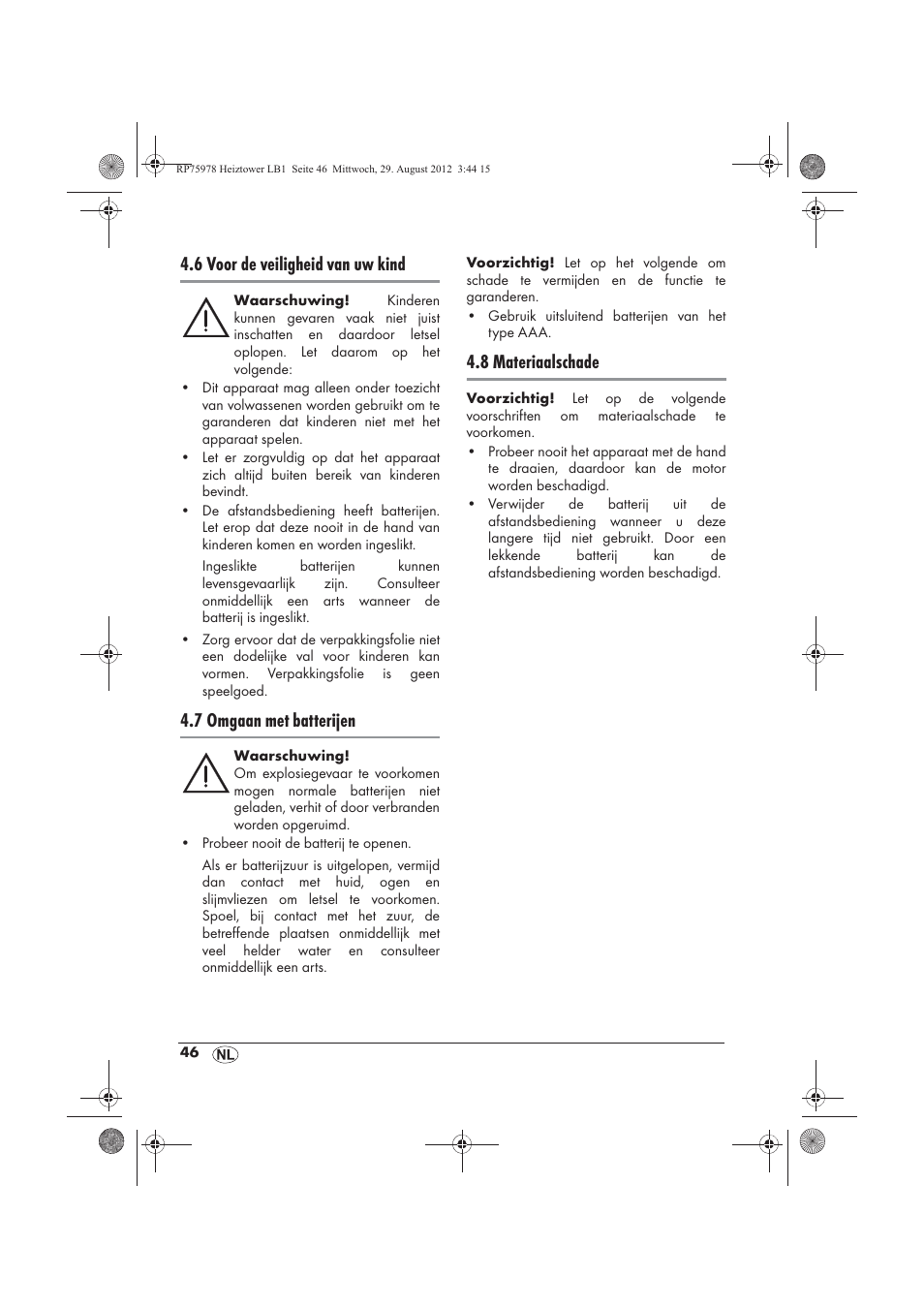 6 voor de veiligheid van uw kind, 7 omgaan met batterijen, 8 materiaalschade | Silvercrest SHT 2000 A1 User Manual | Page 48 / 70