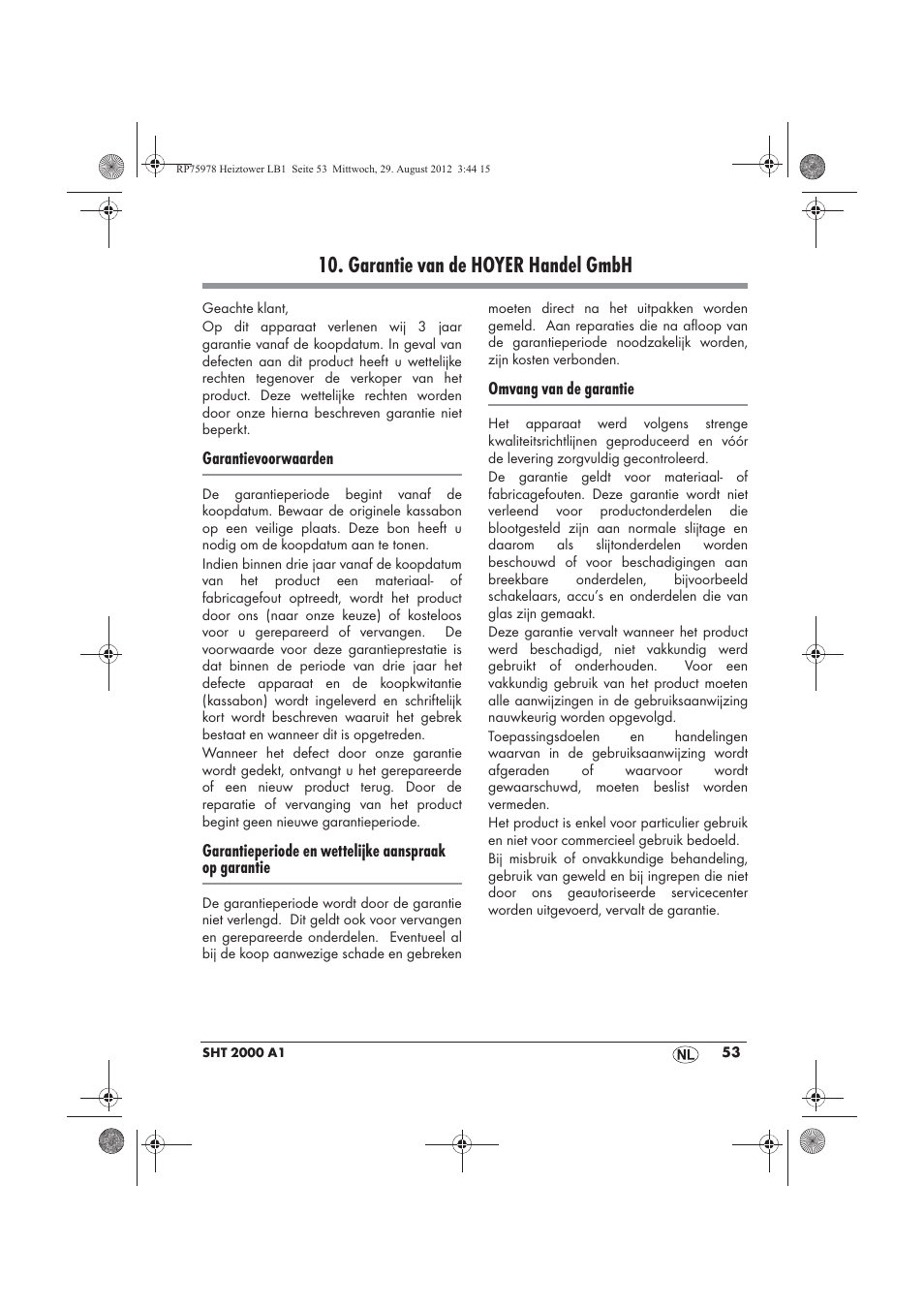 Garantie van de hoyer handel gmbh | Silvercrest SHT 2000 A1 User Manual | Page 55 / 70