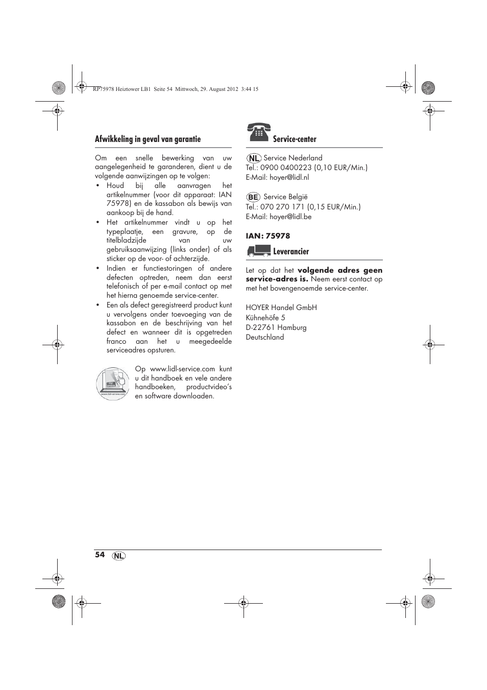 Afwikkeling in geval van garantie, Service-center, Leverancier | Silvercrest SHT 2000 A1 User Manual | Page 56 / 70