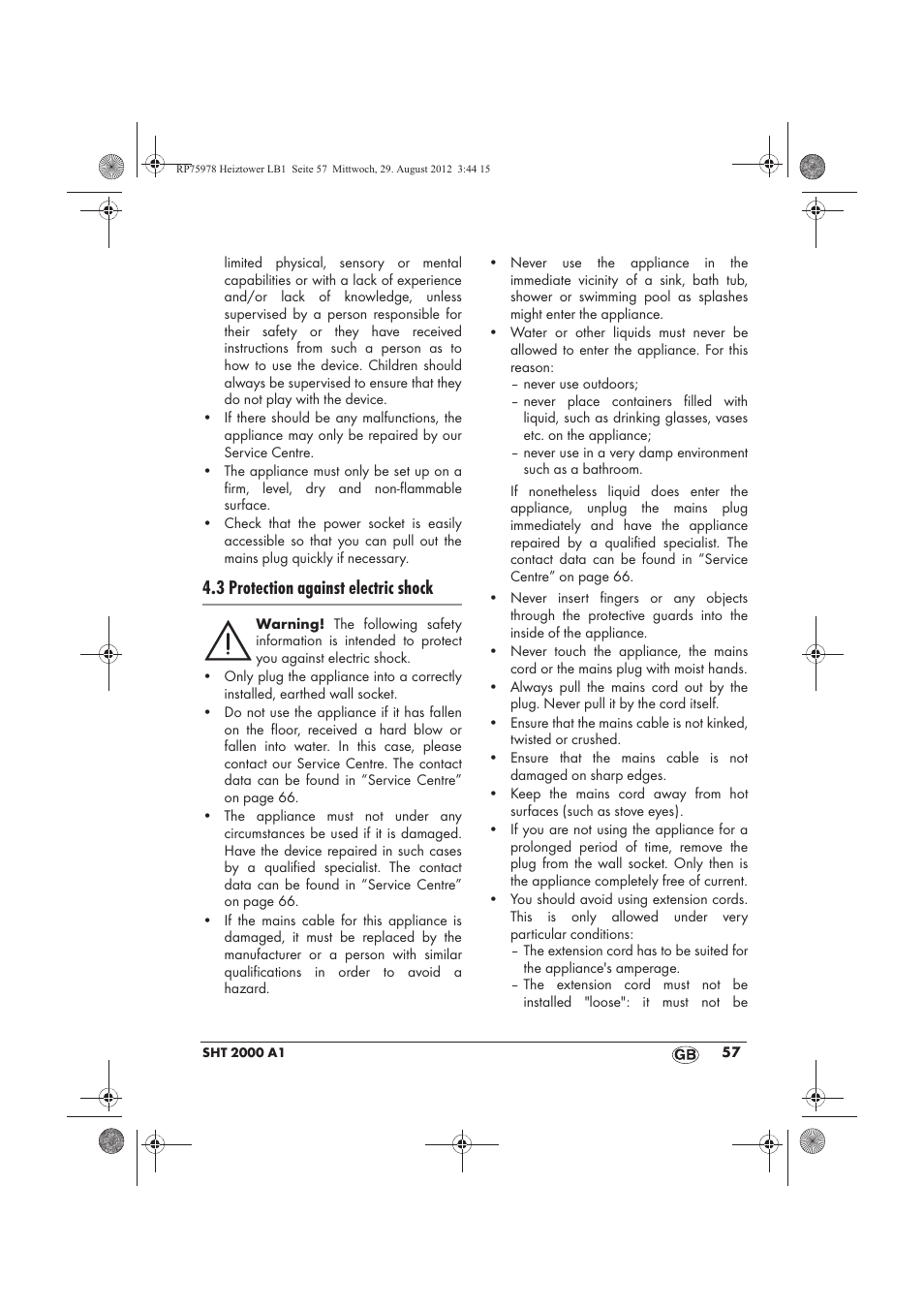 3 protection against electric shock | Silvercrest SHT 2000 A1 User Manual | Page 59 / 70