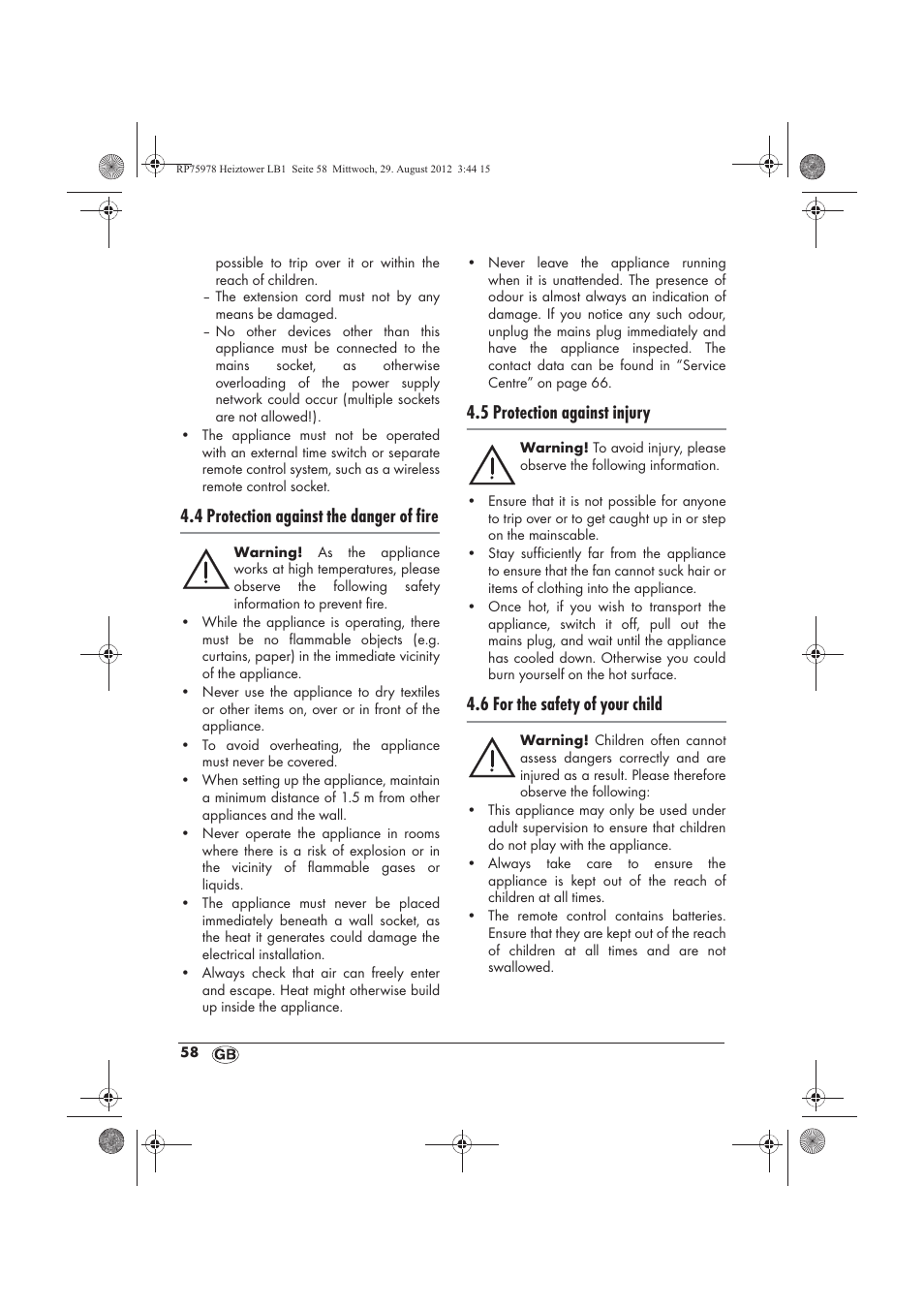 4 protection against the danger of fire, 5 protection against injury, 6 for the safety of your child | Silvercrest SHT 2000 A1 User Manual | Page 60 / 70