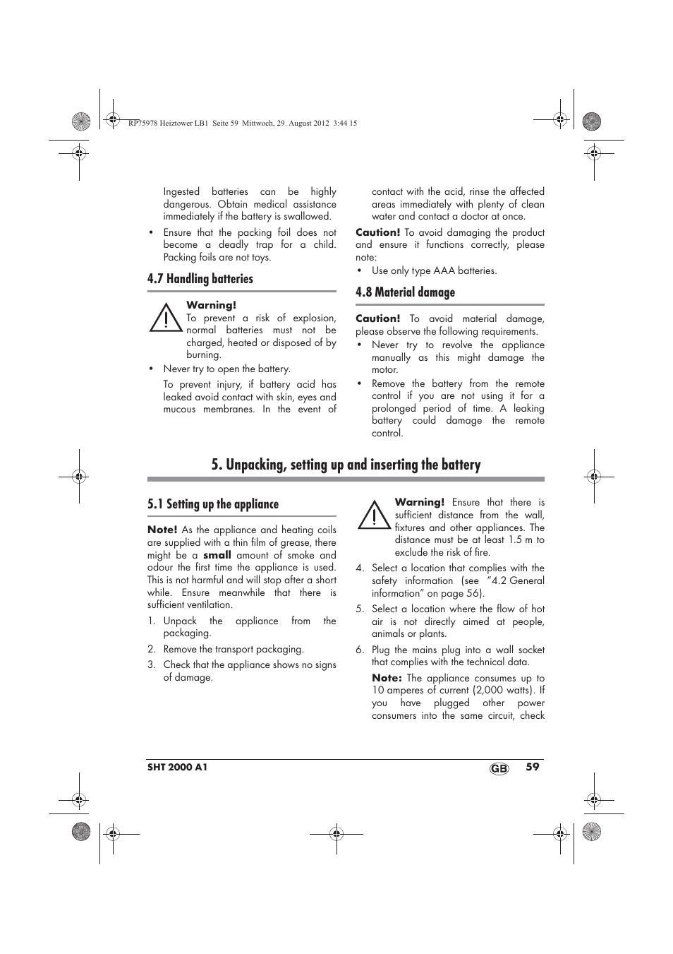 Unpacking, setting up and inserting the battery, 7 handling batteries, 8 material damage | 1 setting up the appliance | Silvercrest SHT 2000 A1 User Manual | Page 61 / 70