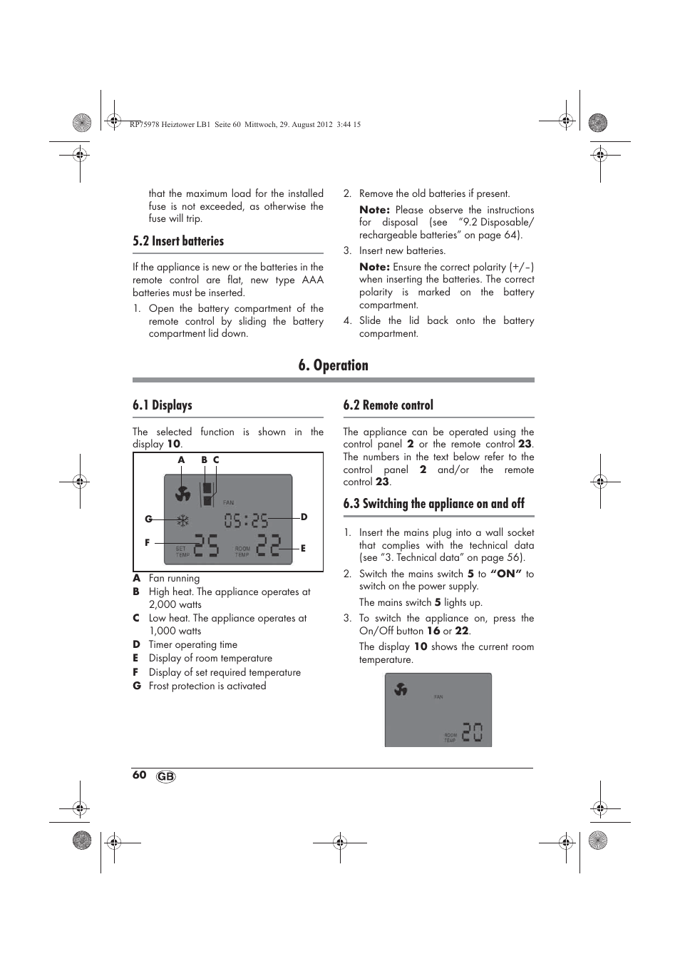 Operation, 2 insert batteries, 1 displays | 2 remote control, 3 switching the appliance on and off | Silvercrest SHT 2000 A1 User Manual | Page 62 / 70