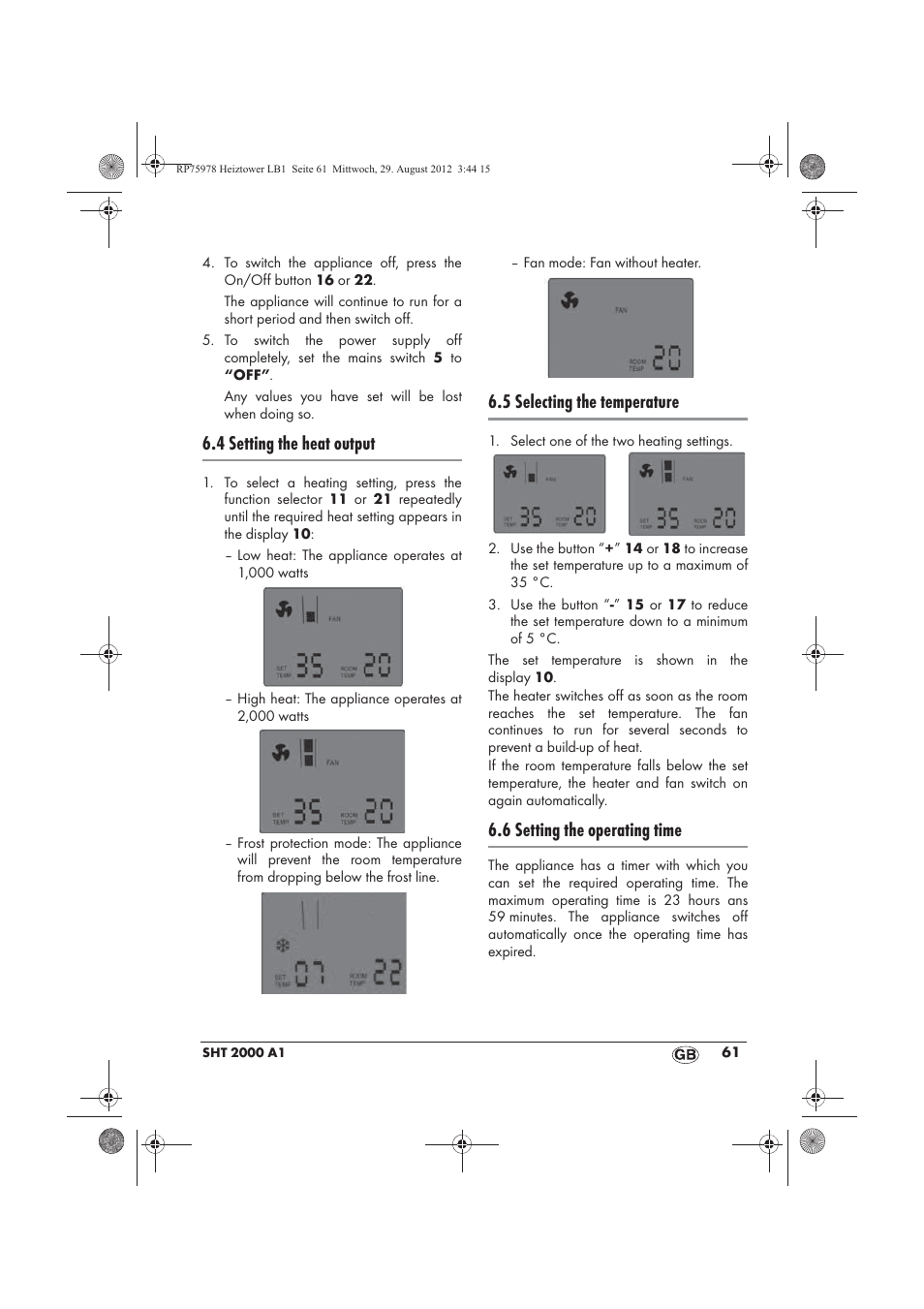 4 setting the heat output, 5 selecting the temperature, 6 setting the operating time | Silvercrest SHT 2000 A1 User Manual | Page 63 / 70