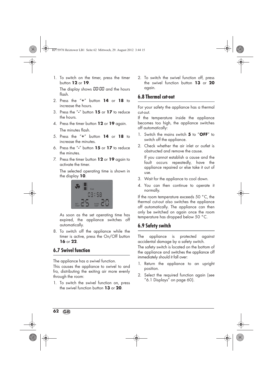 7 swivel function, 8 thermal cut-out, 9 safety switch | Silvercrest SHT 2000 A1 User Manual | Page 64 / 70