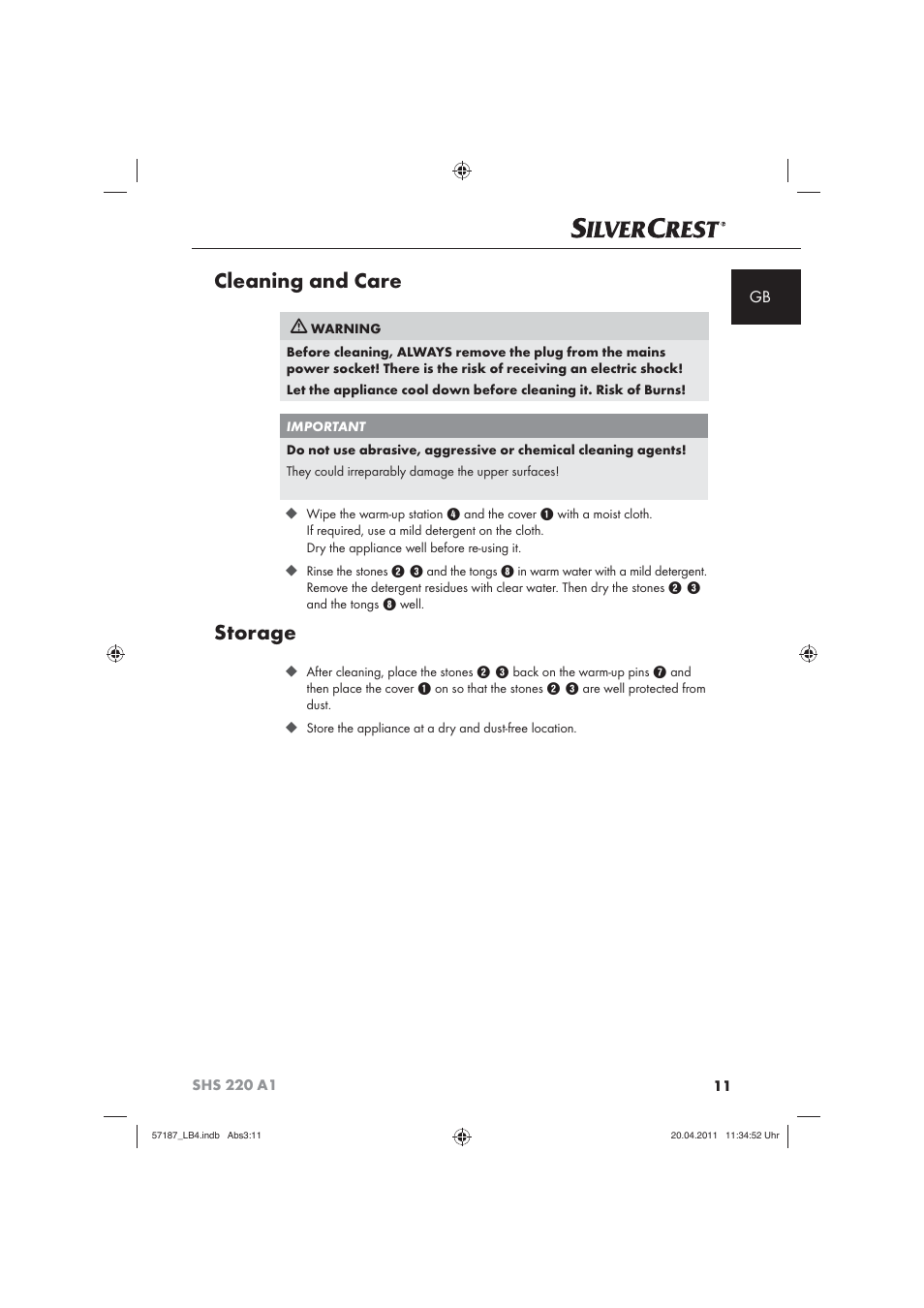Cleaning and care, Storage | Silvercrest SHS 220 A1 User Manual | Page 13 / 86
