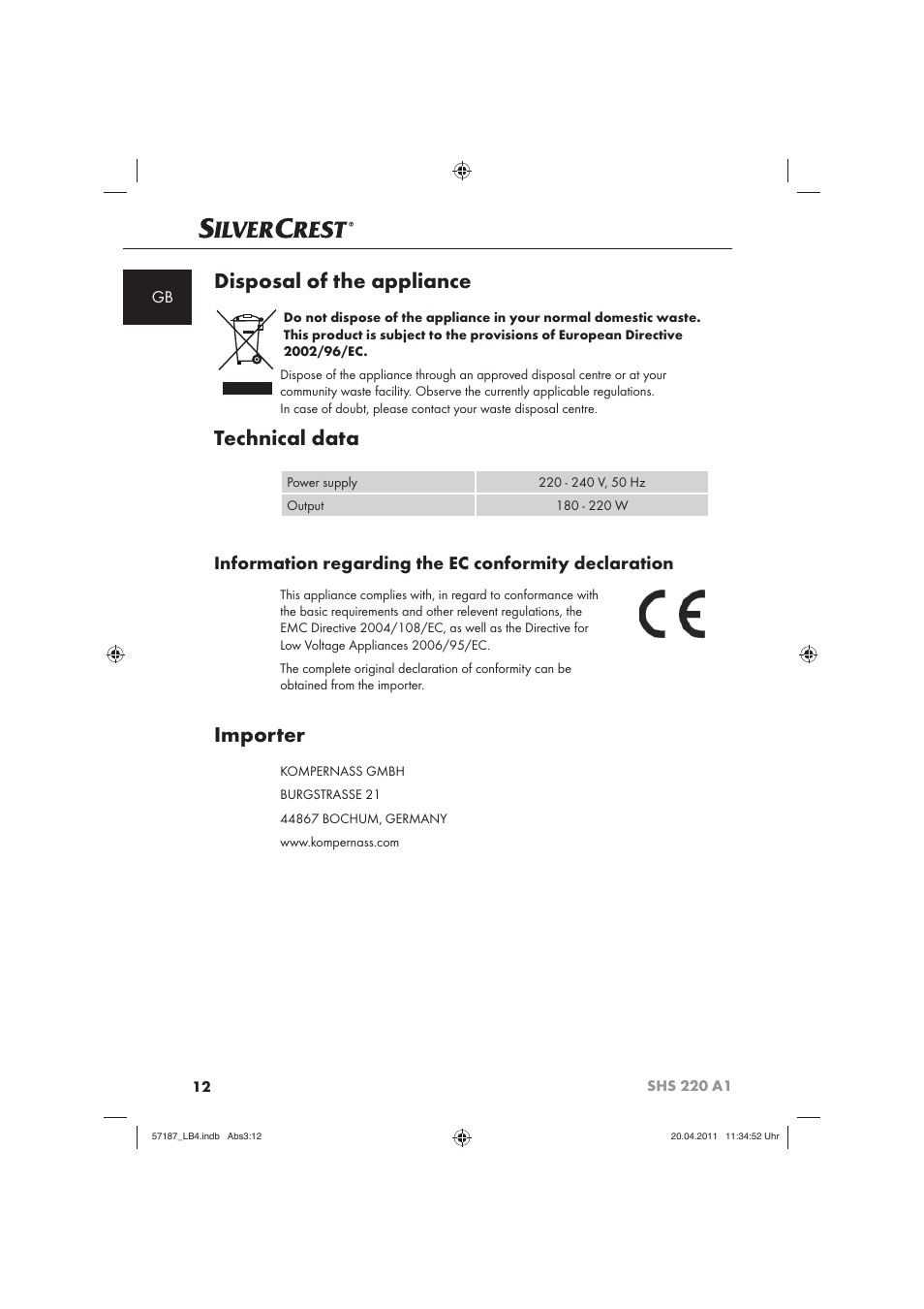 Disposal of the appliance, Technical data, Importer | Silvercrest SHS 220 A1 User Manual | Page 14 / 86