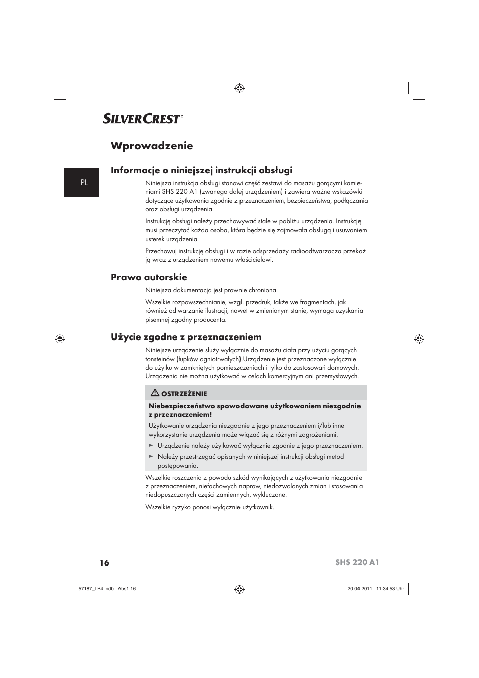 Wprowadzenie, Informacje o niniejszej instrukcji obsługi, Prawo autorskie | Użycie zgodne z przeznaczeniem | Silvercrest SHS 220 A1 User Manual | Page 18 / 86