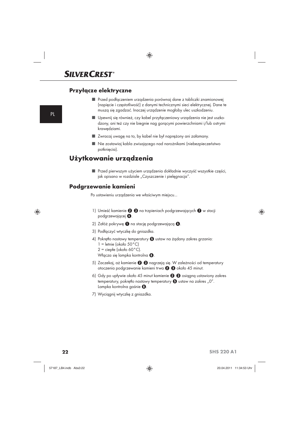 Użytkowanie urządzenia, Przyłącze elektryczne, Podgrzewanie kamieni | Silvercrest SHS 220 A1 User Manual | Page 24 / 86
