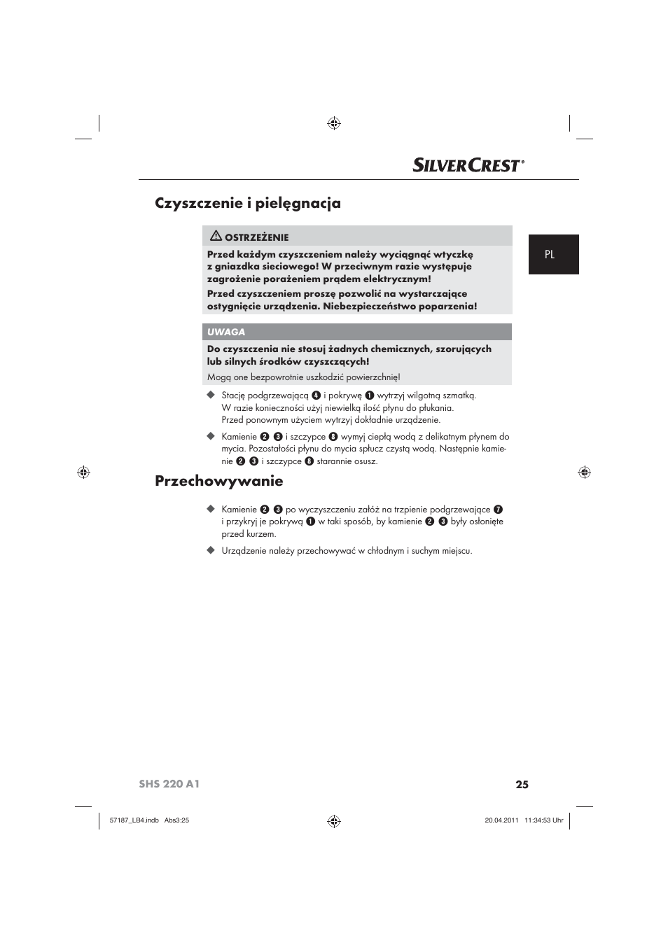 Czyszczenie i pielęgnacja, Przechowywanie | Silvercrest SHS 220 A1 User Manual | Page 27 / 86