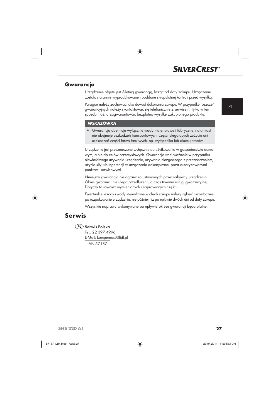 Serwis, Gwarancja | Silvercrest SHS 220 A1 User Manual | Page 29 / 86