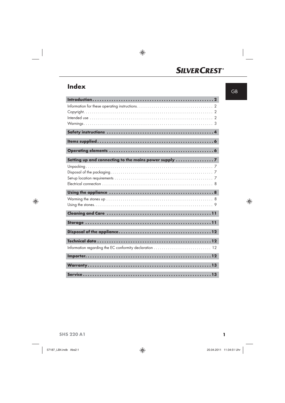 Index | Silvercrest SHS 220 A1 User Manual | Page 3 / 86
