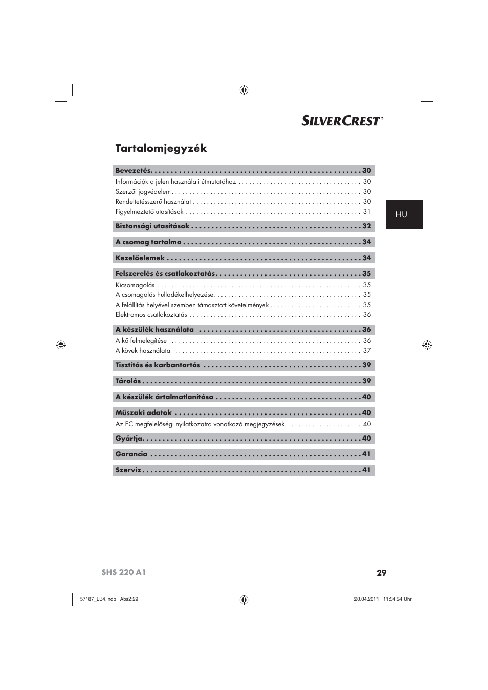 Tartalomjegyzék | Silvercrest SHS 220 A1 User Manual | Page 31 / 86