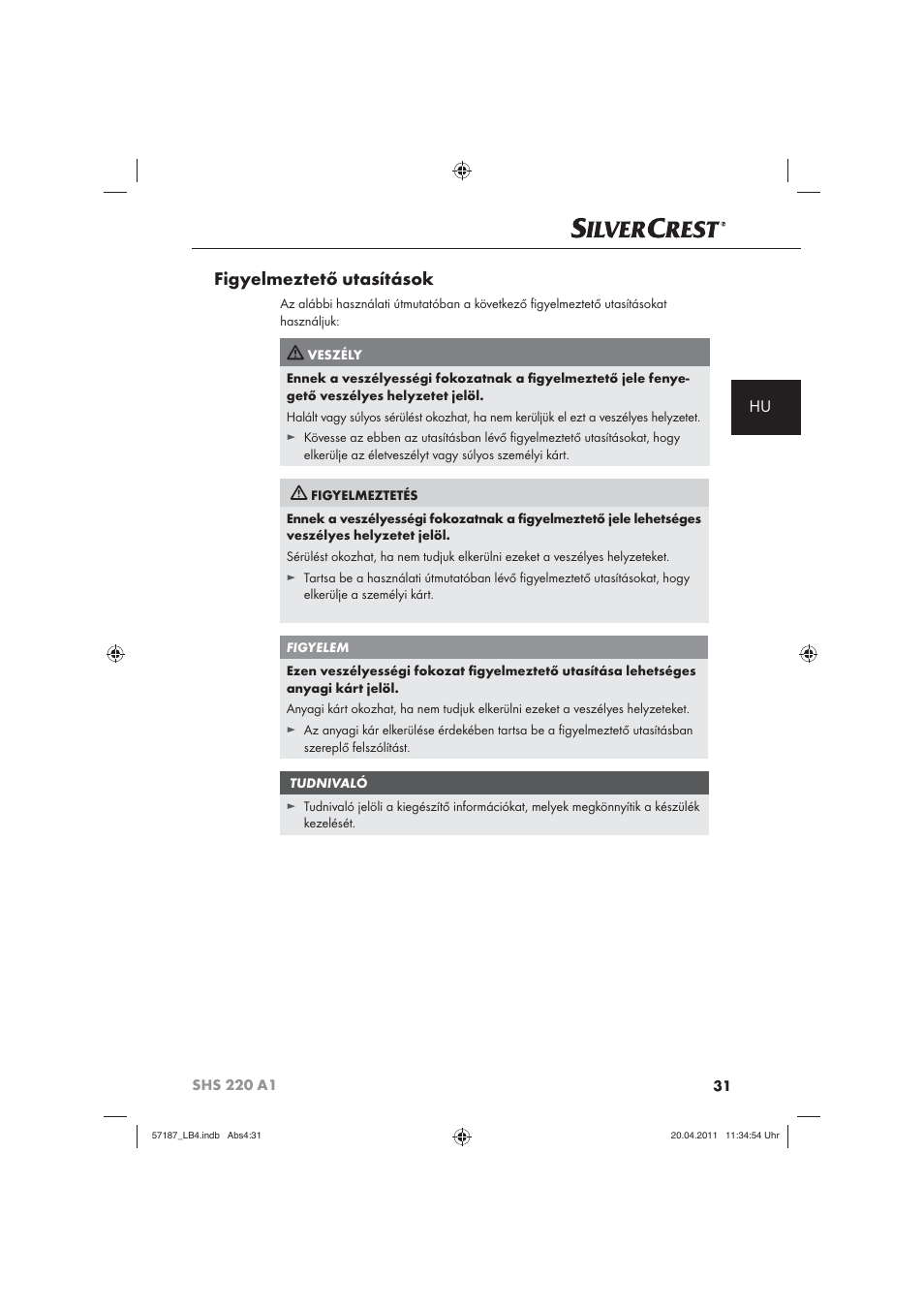 Figyelmeztető utasítások | Silvercrest SHS 220 A1 User Manual | Page 33 / 86