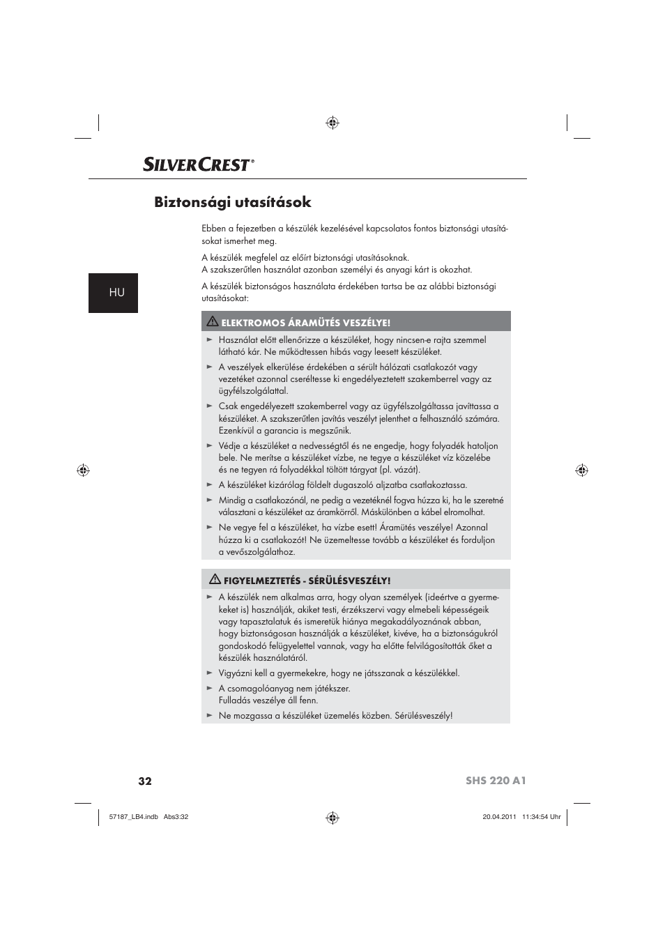 Biztonsági utasítások | Silvercrest SHS 220 A1 User Manual | Page 34 / 86