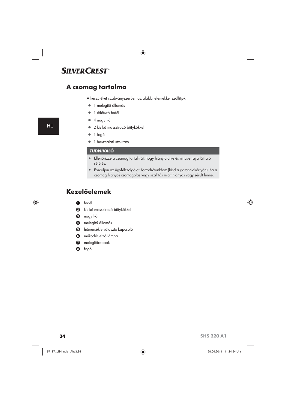 A csomag tartalma, Kezelőelemek | Silvercrest SHS 220 A1 User Manual | Page 36 / 86