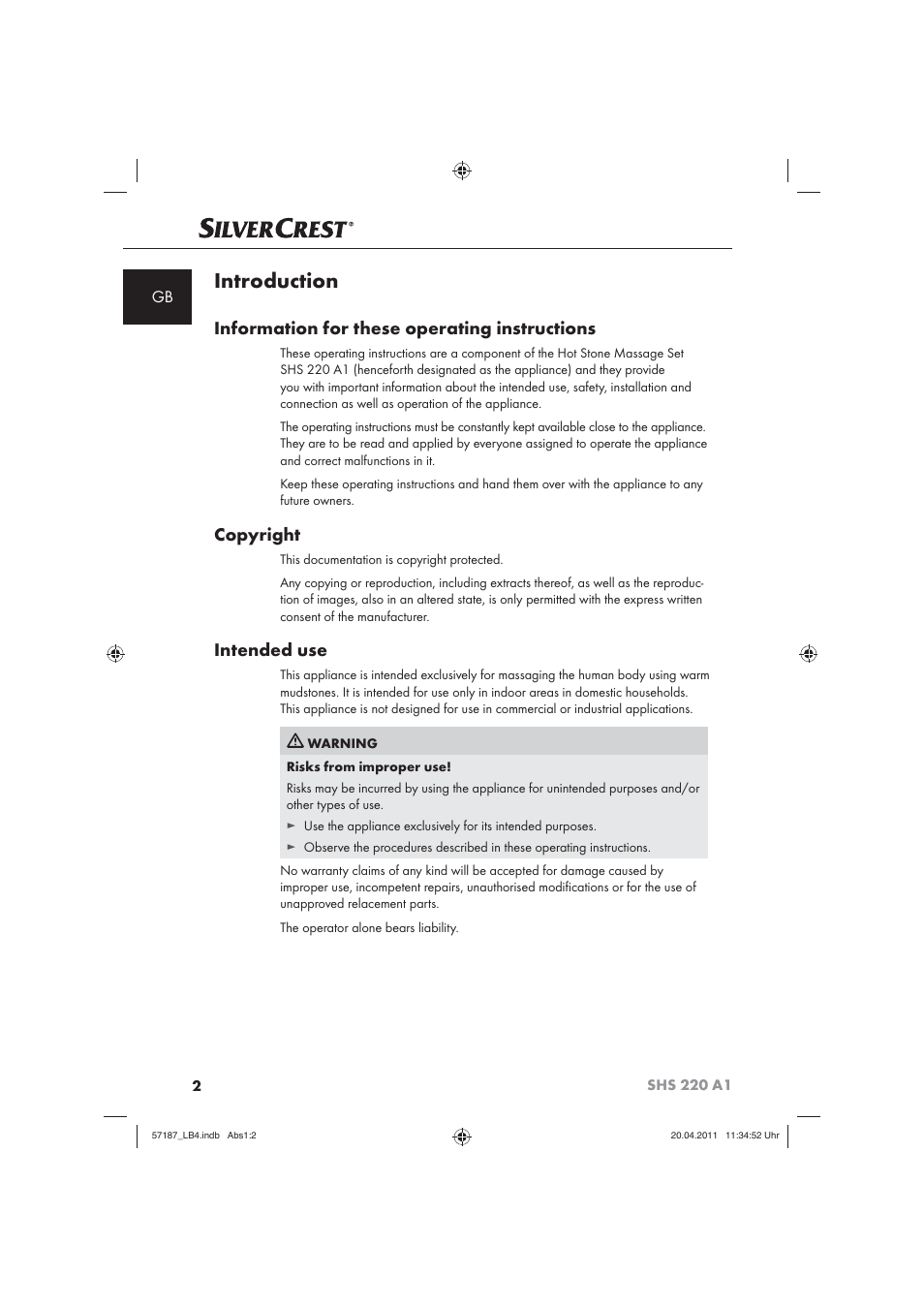 Introduction, Information for these operating instructions, Copyright | Intended use | Silvercrest SHS 220 A1 User Manual | Page 4 / 86