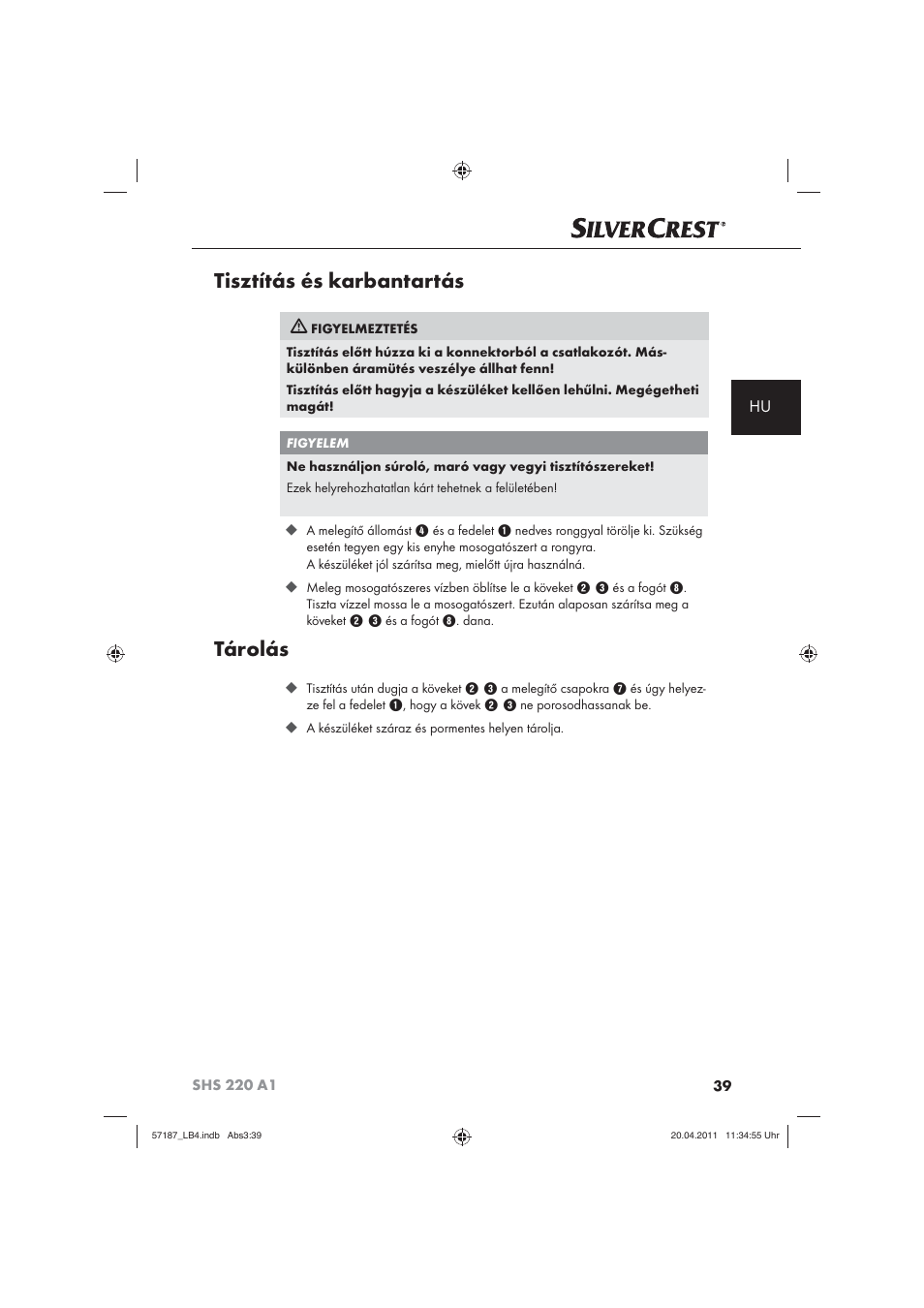 Tisztítás és karbantartás, Tárolás | Silvercrest SHS 220 A1 User Manual | Page 41 / 86