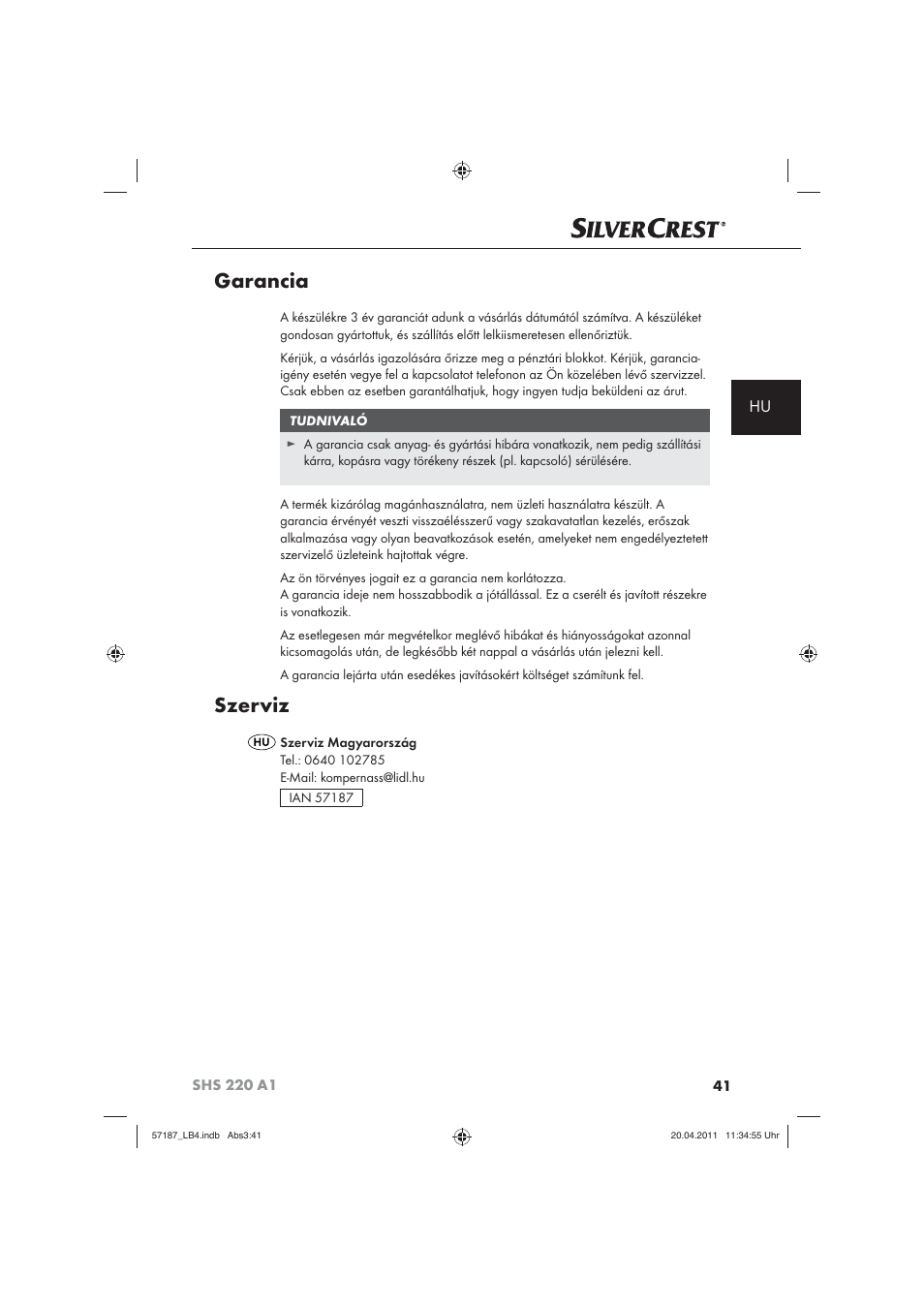 Garancia, Szerviz | Silvercrest SHS 220 A1 User Manual | Page 43 / 86