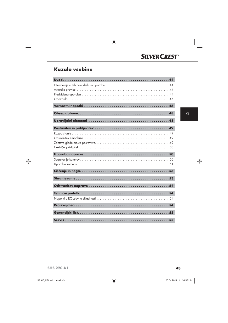 Kazalo vsebine | Silvercrest SHS 220 A1 User Manual | Page 45 / 86